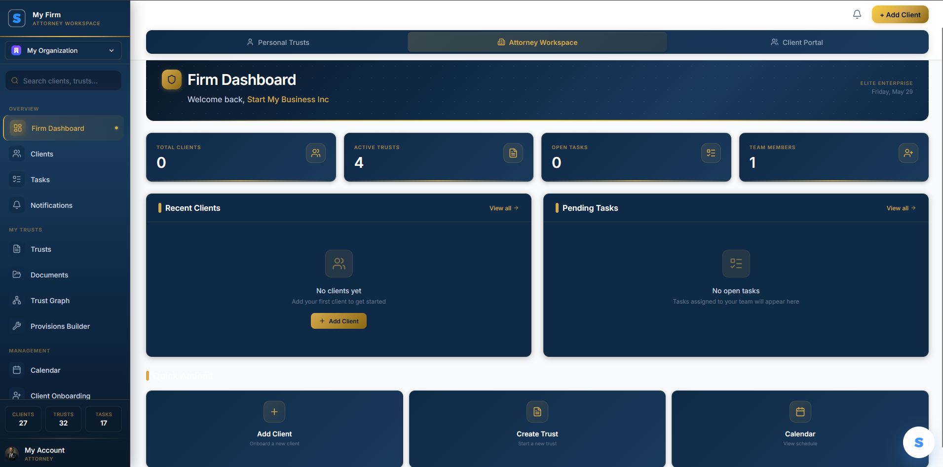 White-label firm dashboard with client and trust management