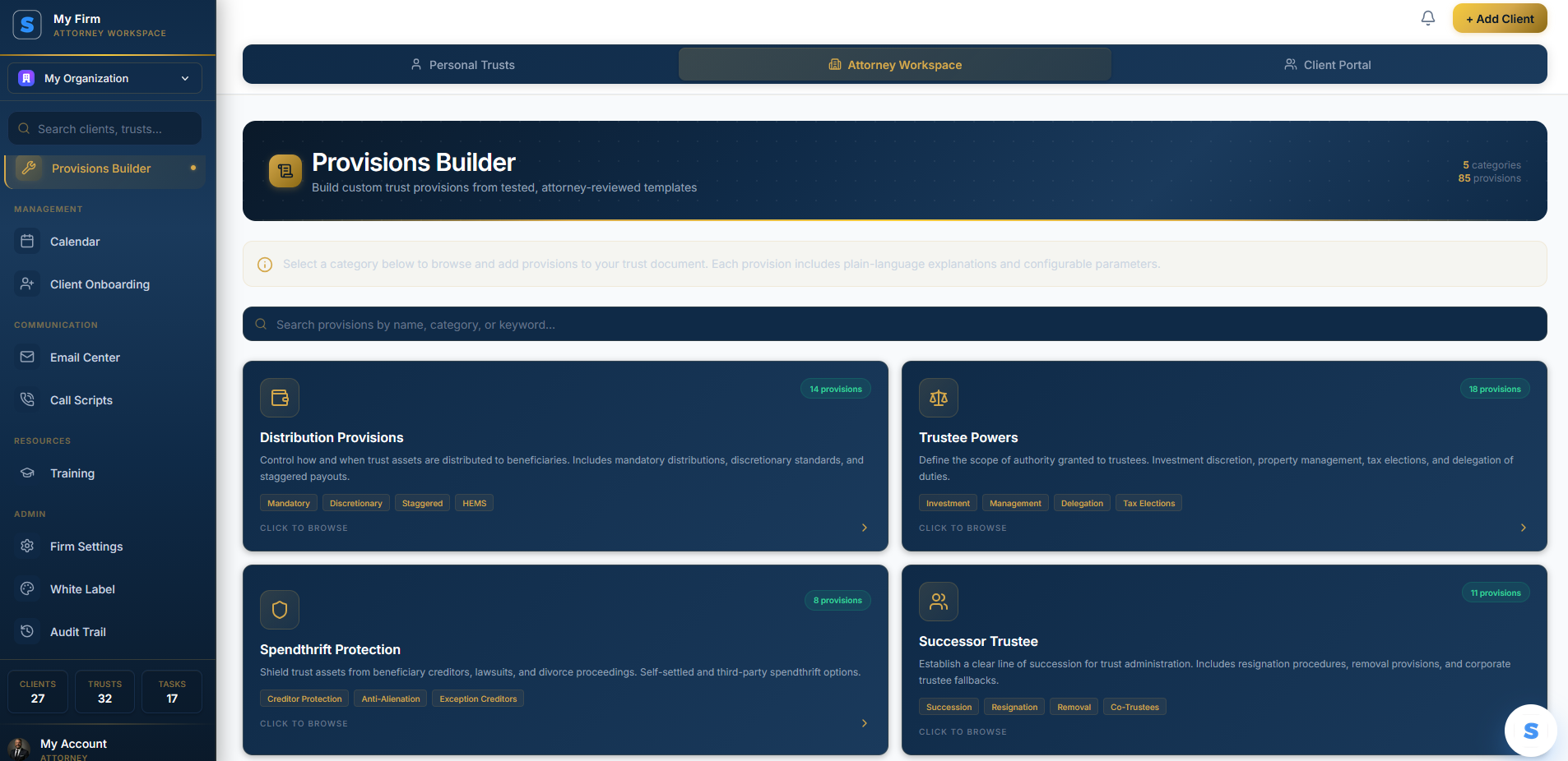 Custom trust provisions builder in the firm dashboard