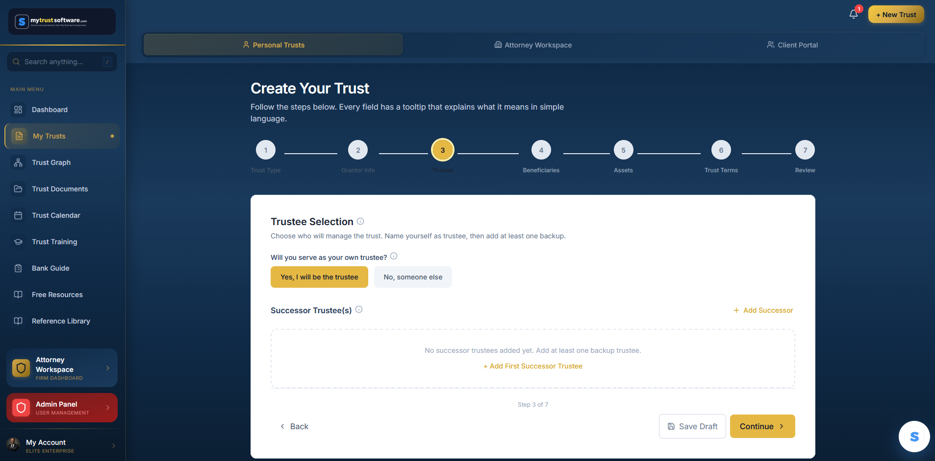 Select Your Trustee screen
