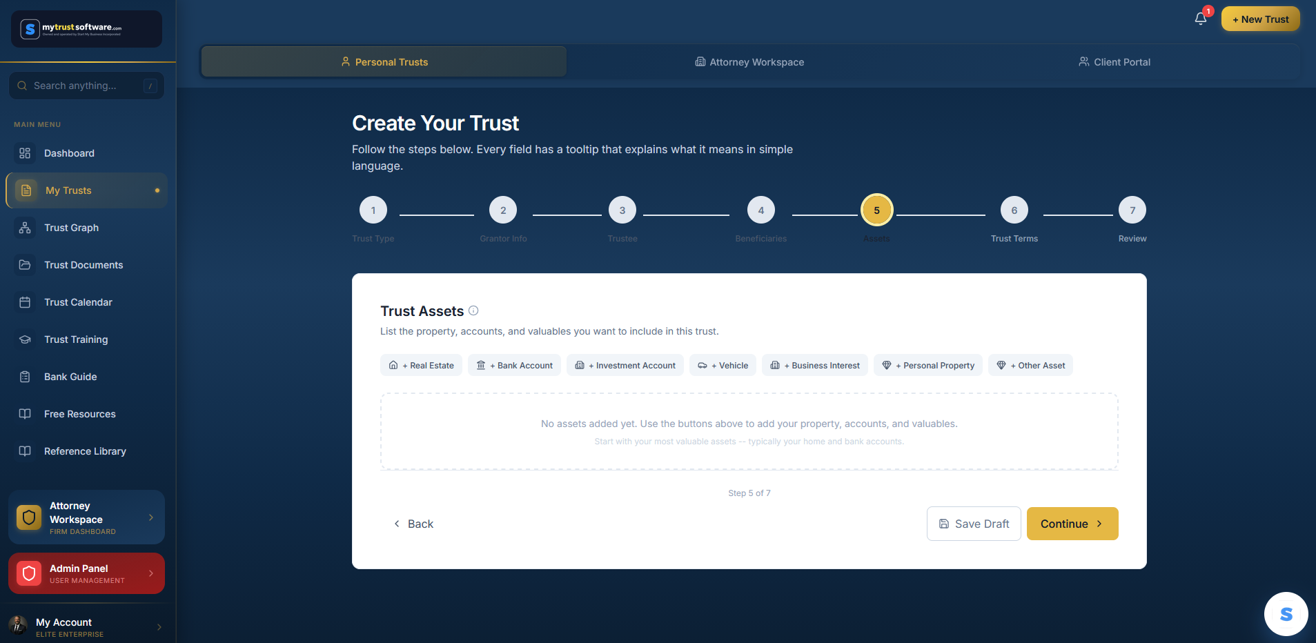 List Your Assets screen